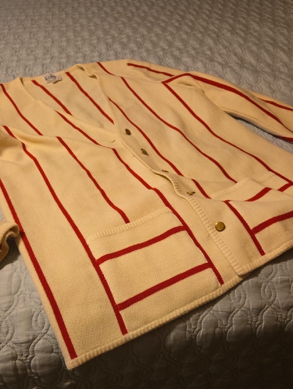 Striped Cream and Red Long Cardigan Sweater - Classic V-Neck Vintage Wool Blend